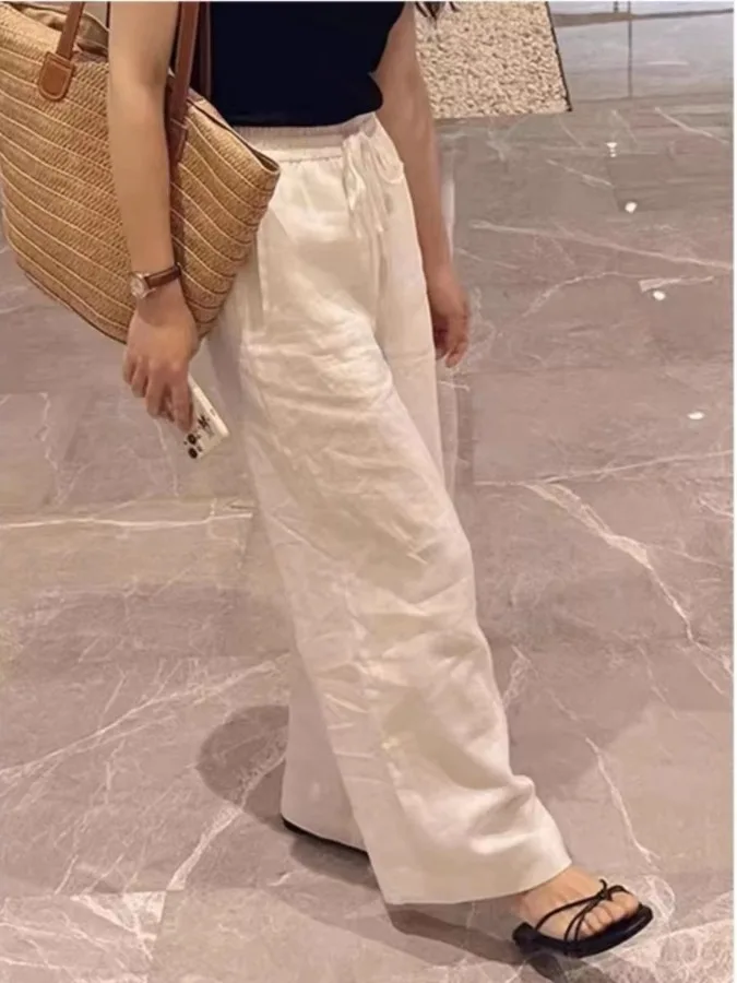

Женские летние тонкие брюки из хлопка и льна с высокой талией, широкие, свободного кроя, прямые, повседневные, с эффектом похудения