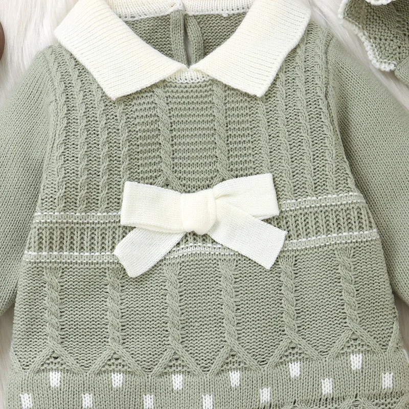 Newborn Baby Romper Hat Sets Knit Toddler Clothes 2PC Overalls 0-9M Playsuit Warm Fall Infant Boy Jumpsuit Long Sleeve Cute Bow