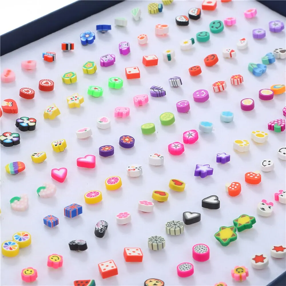 New Fashion 100Pairs/Lot Small Fruit Stud Earrings For Women Girls Colorful Geometric Cute Mini Children Jewelry PartyGifts