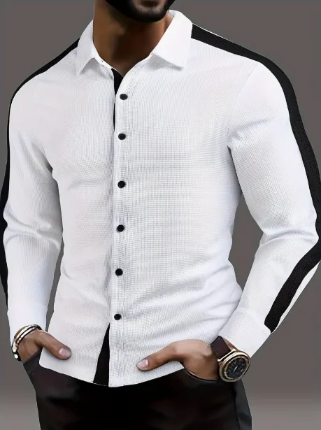 Men'S Casual Waffle-Knit Texture Color-Block Long Sleeve Shirt with Button Details, Polyester Knit Fabric, Regular Fit,