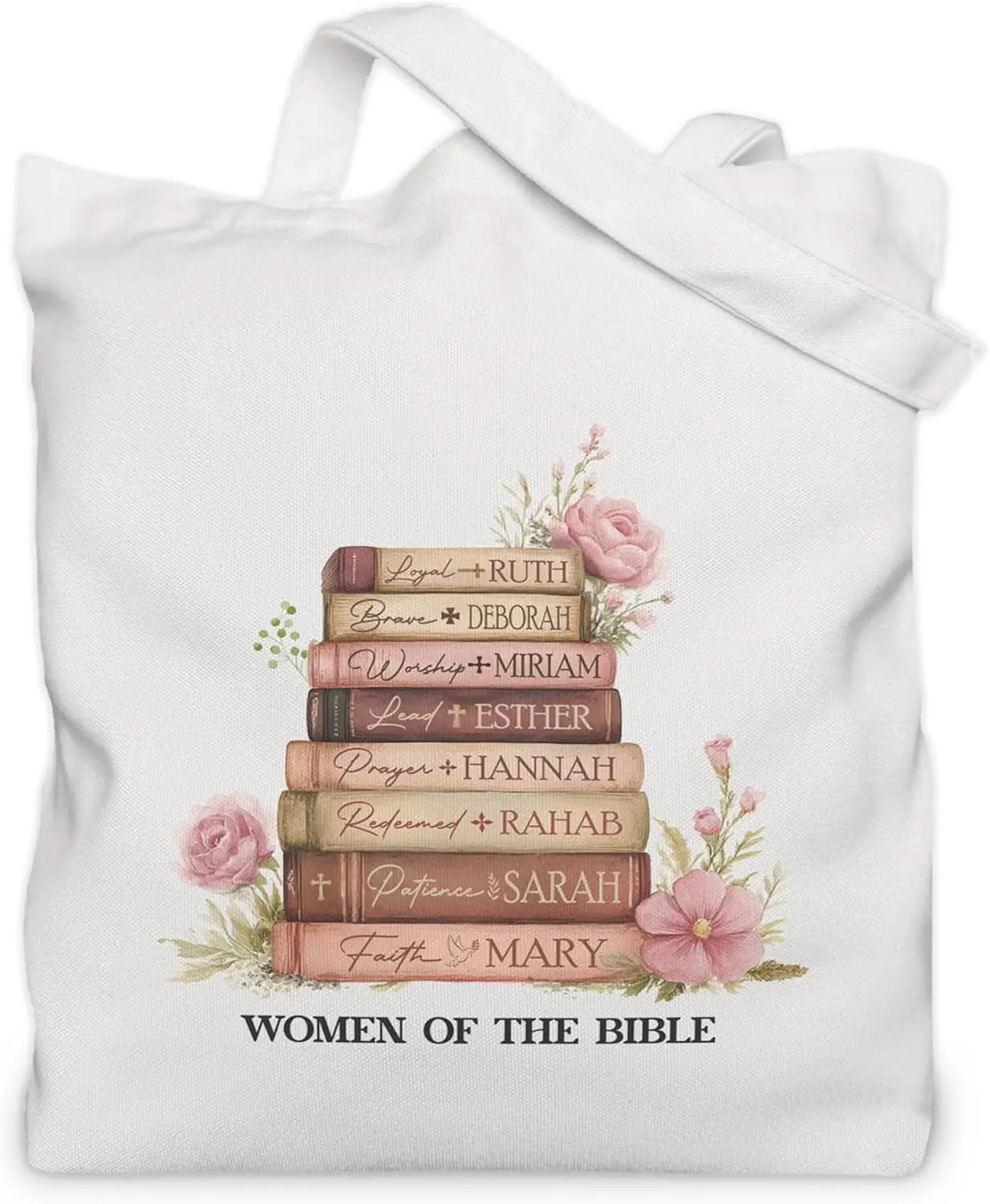 

Ретро-сумка через плечо из бежевого холста с религиозными мотивами (Библия, Естер, Рут, Мария, цветы) для повседневных поездок