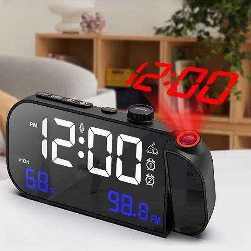 180° Projection Digital Alarm Clock TEMP Humidity Week Dual Alarm Adjustable Volume Snooze Table Clock 12/24H FM Radio LED Clock