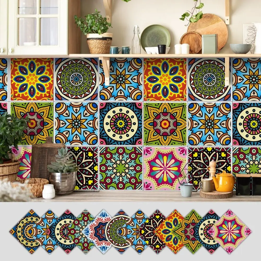 12Pcs Mandala Pattern Backsplash Tile Stickers Waterproof PVC Peel and Stick Tile Multicolor Design Removable