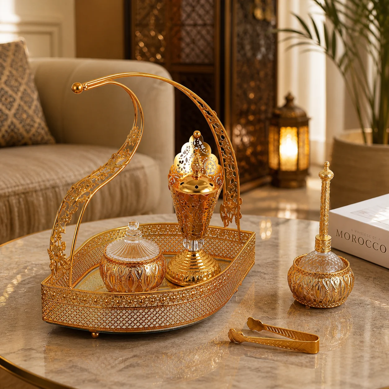 Luxury Arabic Bakhoor Incense Burner Set Zinc Alloy Gold-Color Hollow Metal Censer with Mirrored Tray Middle Eastern Decor.
