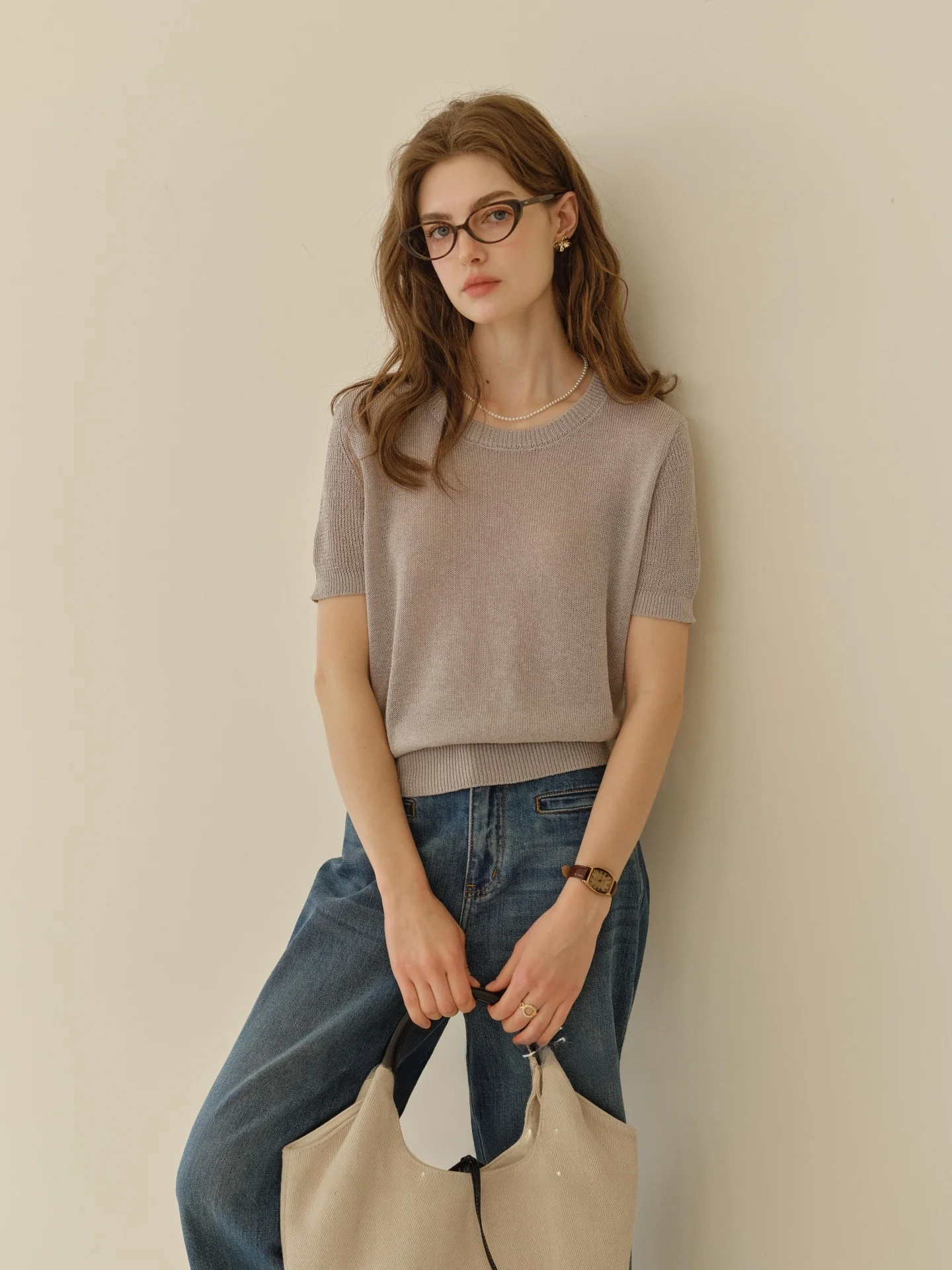 Cool Breathable SimpleRetro Japanese Style Knitted Short Sleeve Women's T-shirt Loose Fit Comfortable Lacey Fabric Top