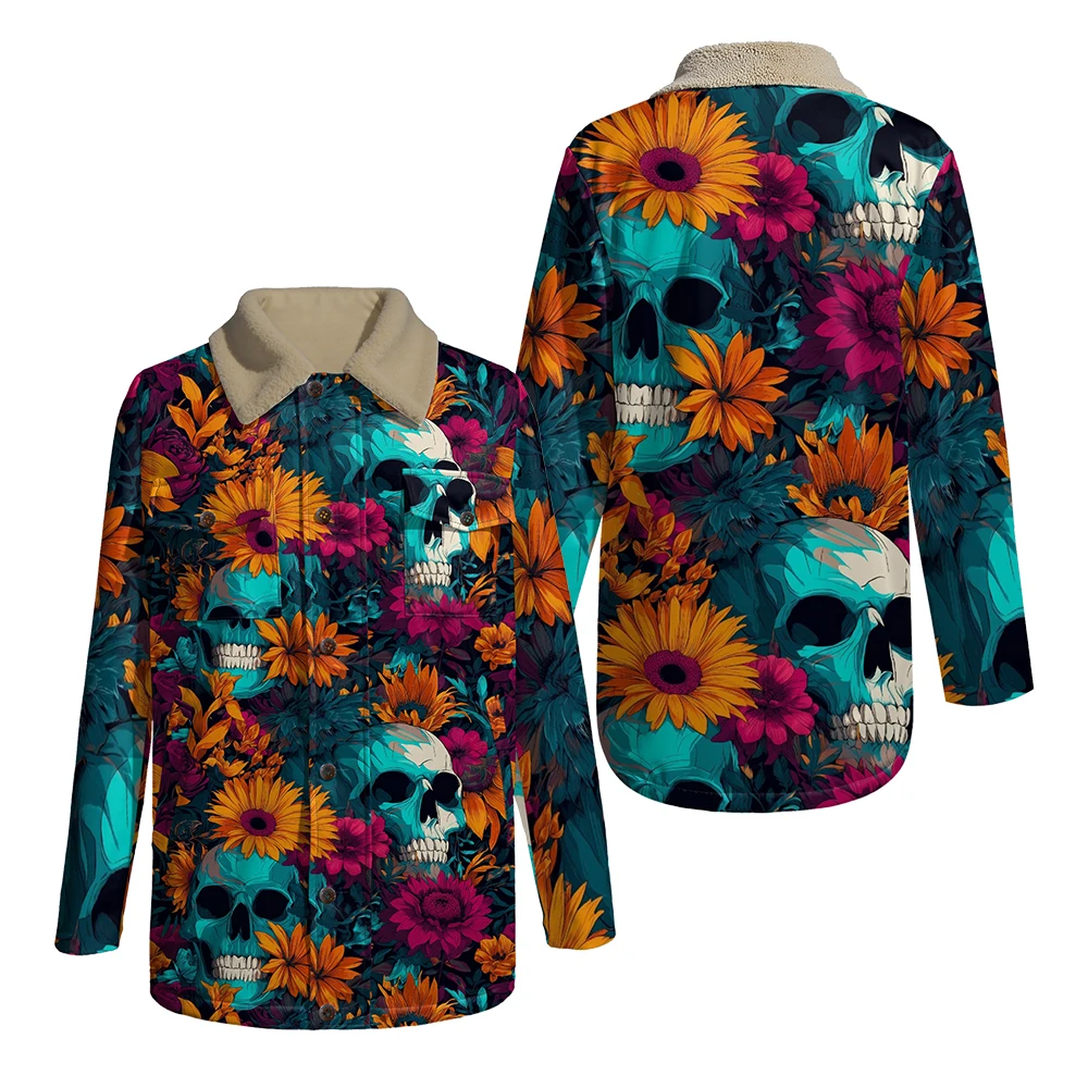 Retro Skull Rose Skeleton Flower Print Fleece Jacket with Faux Fur Collar Unisex Streetwear Button Up Coat for Fashion Lovers