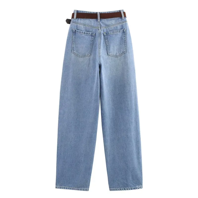 

Spring 2025 High Waist Wide Leg Cuffed Jeans Women's Trousers with Belt New Arrival Long Pants Faionable Ele Sle