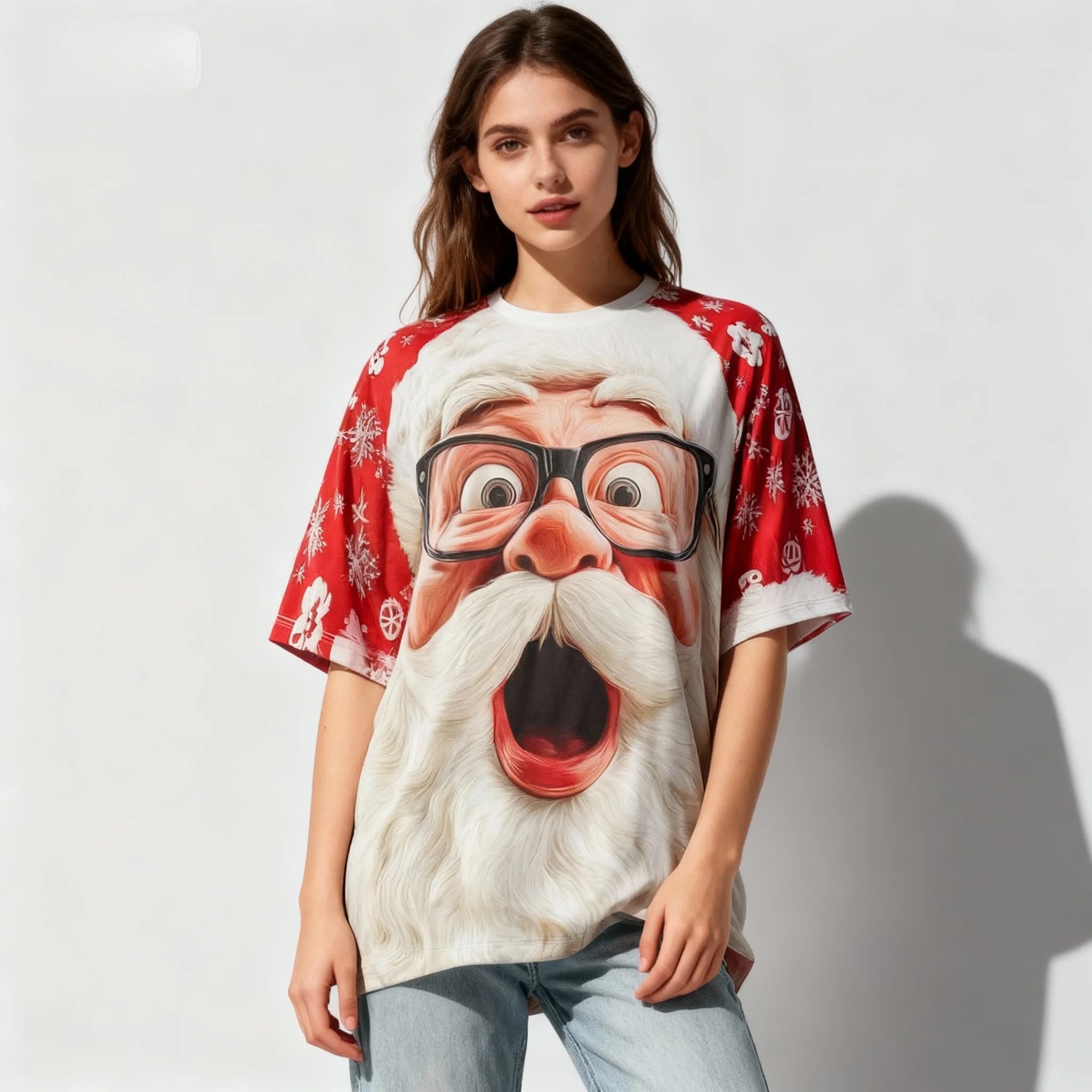 New Christmas 3D Parody Santa Claus T-shirt 3D Printed Round Neck Women's Adult Oversized Street Casual Daily Clothing