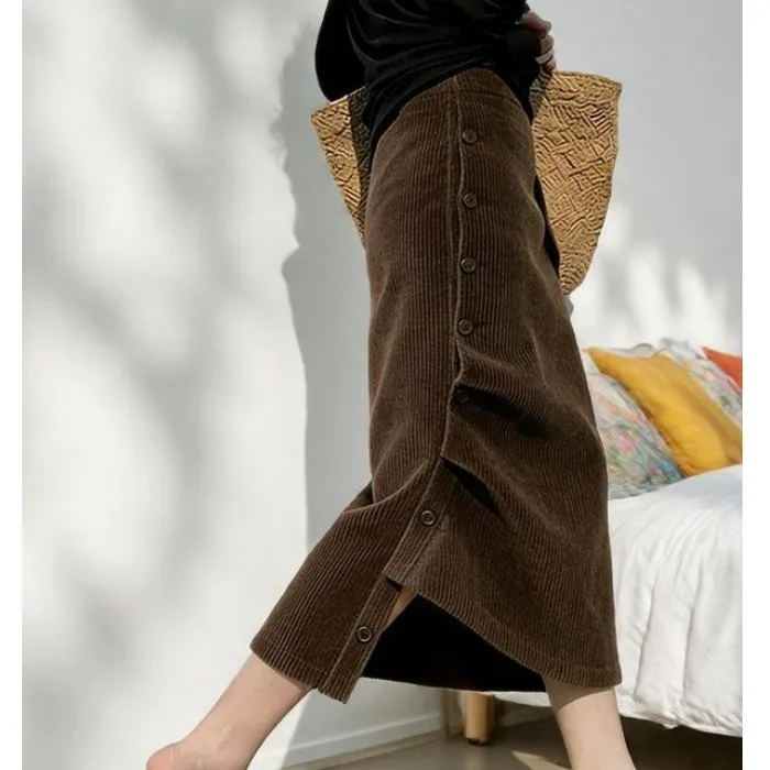 Retro High Waist Brown Asymmetrical Buttoned Corduroy Skirt Women's Fashionable Elegant Style Polyester Fiber Non-Fleece