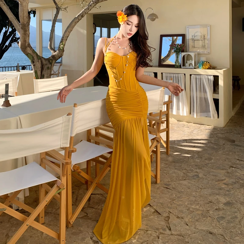 女性用イエローチュールボディコンイブニングガウン、サイドスリット入り、ボーン入り、パネル付き、ギャザー入りペンシルマーメイドスカート、エレガントなクラブパーティー、プロム、ドレス
