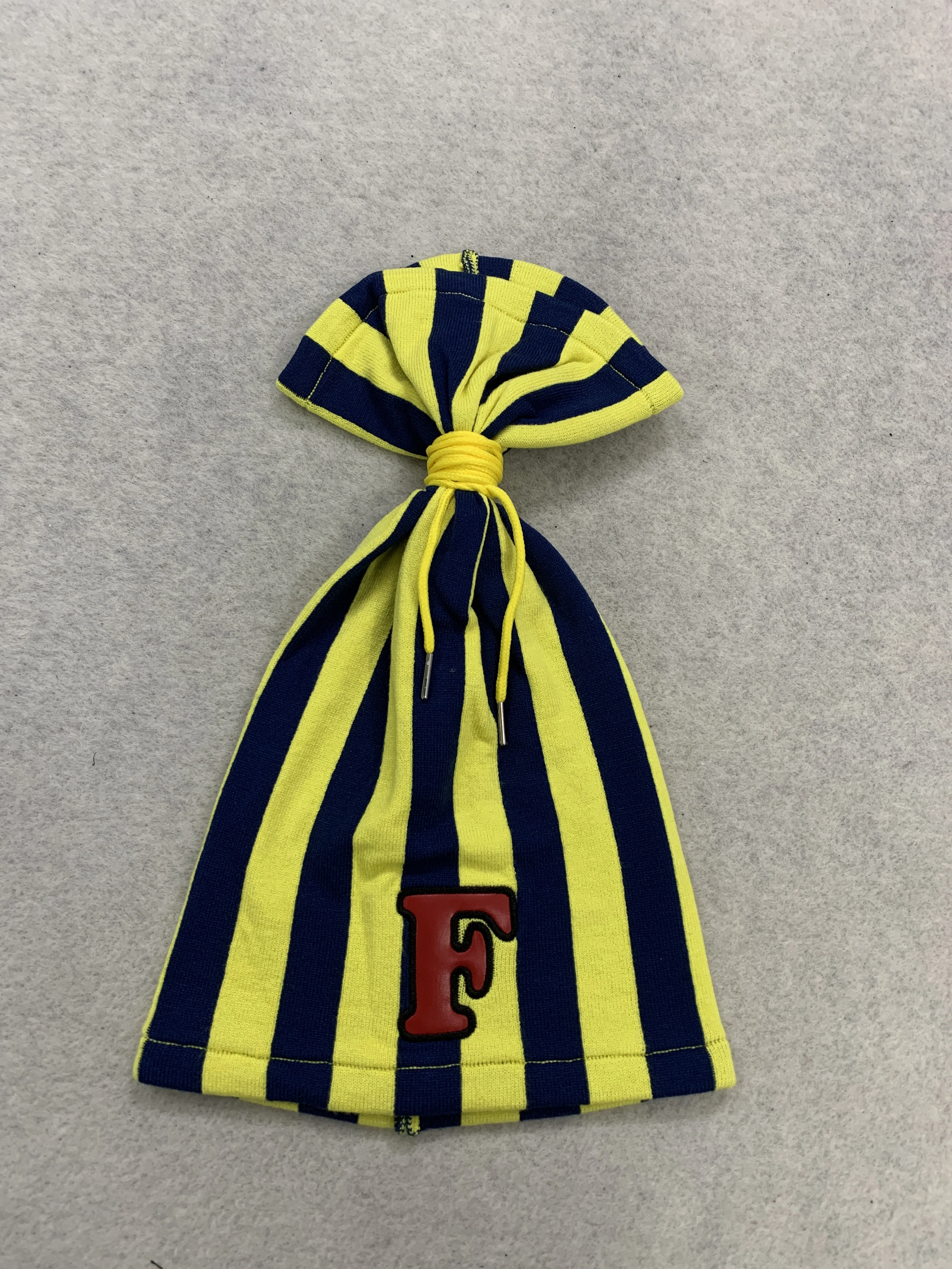 Yellow Navy Vertical Stripe Knit Drawstring Pouch Red Letter F Patch Portable Storage Bag
