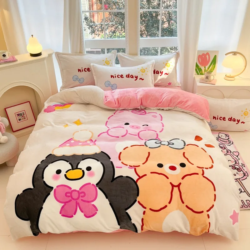 Bed Sheets, Duvet Covers, Winter Bedroom Bedding, Milk Velvet Pillowcases, Four Piece Set, Thick Cartoon Student Dormitory