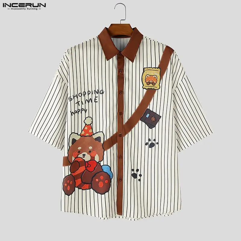 INCERUN Men's Shirt Striped Printing Lapel Short Sleeve Menswear Clothing Streetwear Loose 2026 Casual Tops For Man