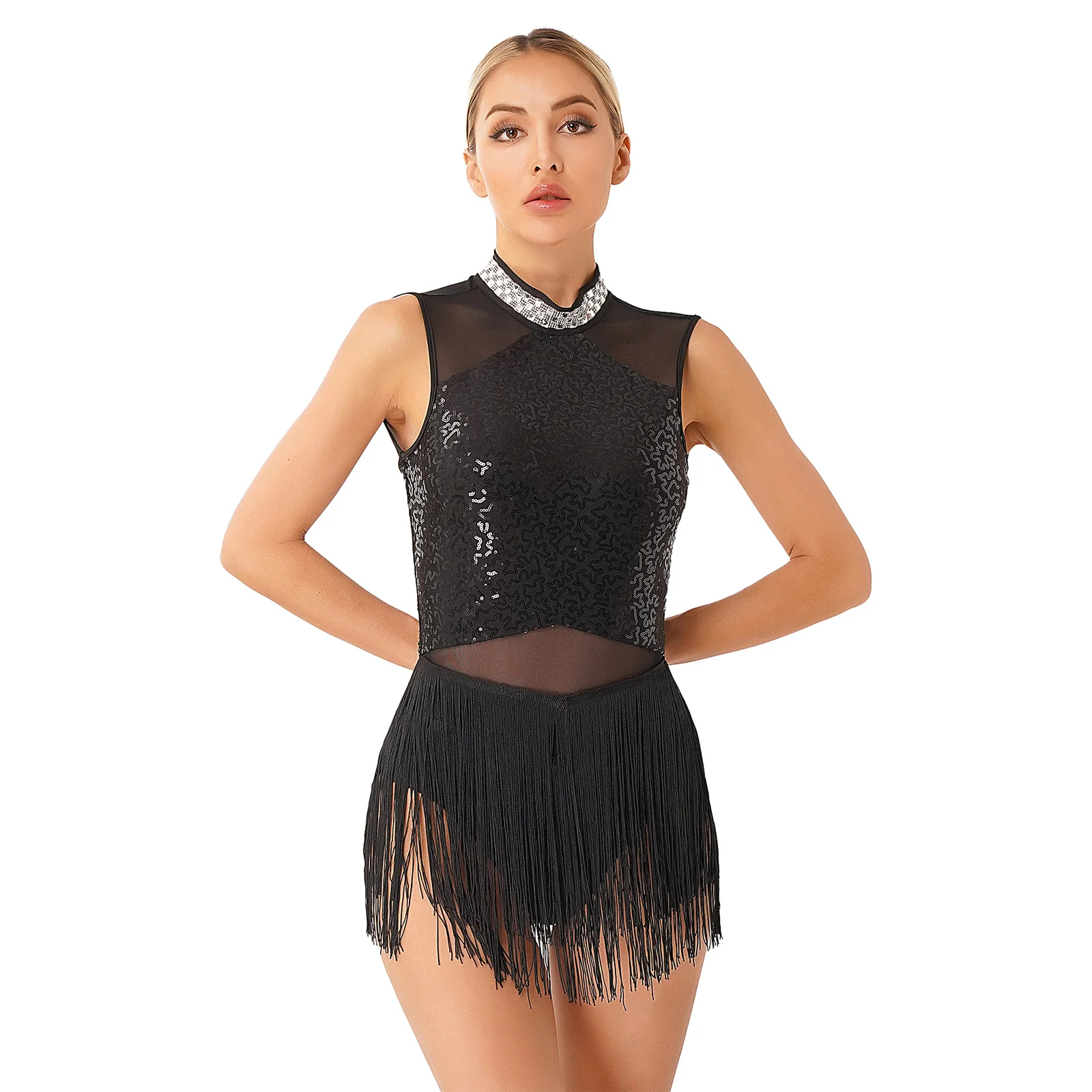 Women Figure Skating Costume Rhinestone Sequin Mesh Fringed Leotard Dresses for Latin Ballroom Dance Tango Cha-Cha Samba Rumba