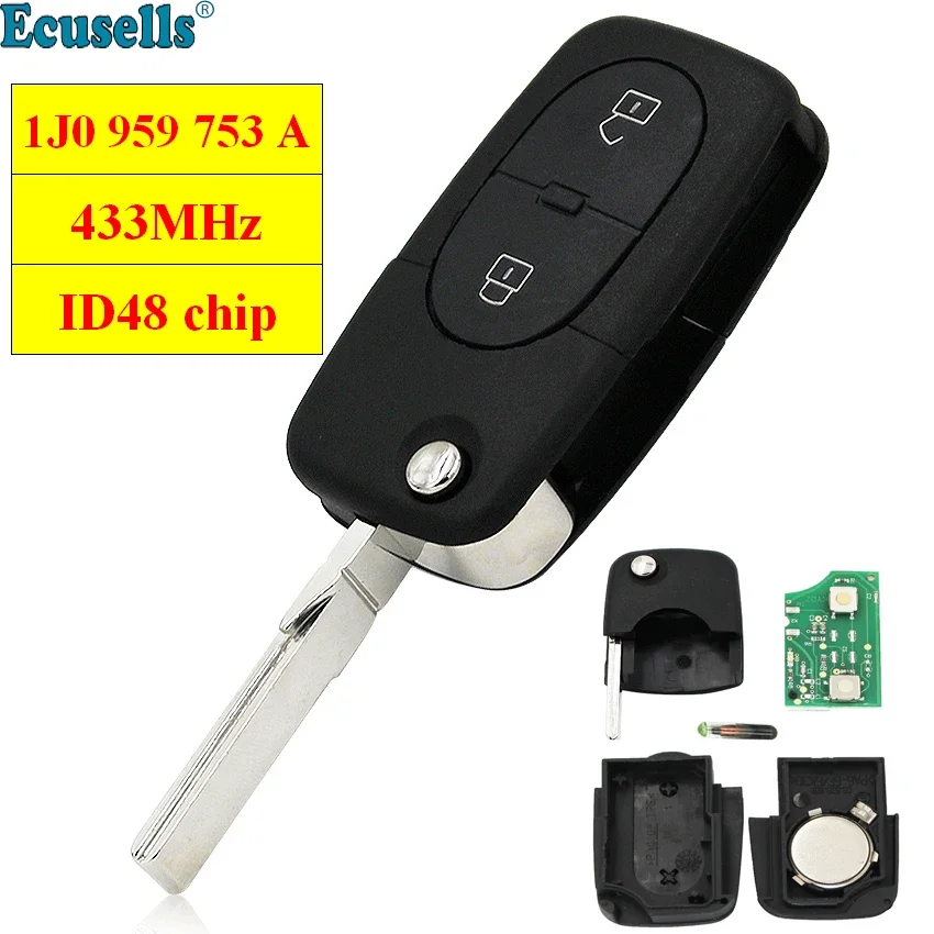 Flip Remote Key Fob 1J0 959 753 A 2 BUTTON 433Mhz with ID48 Chip for Volkswagen Bora Golf Beetle Polo Passat Seat Skoda