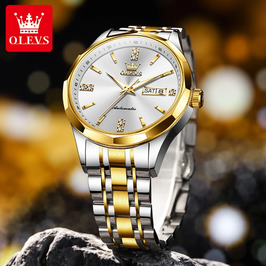 OLEVS 7056 기계식 패션 시계 선물 스테인레스 스틸 시계 밴드 라운드 다이얼 손목 시계 주 표시 달력 빛나는