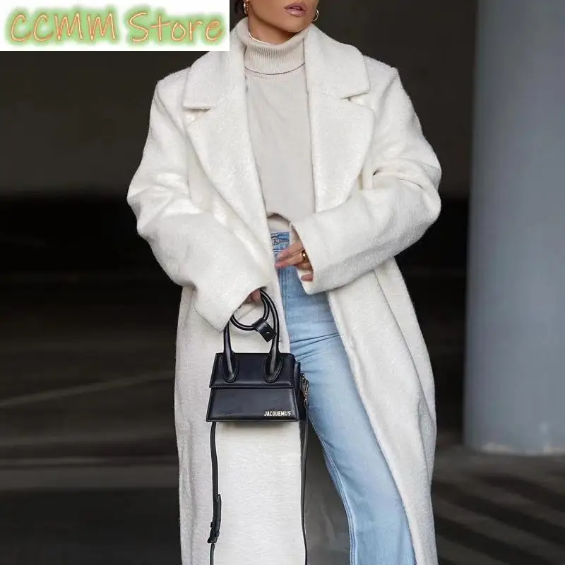 Winter Women Solid Color Commuting Office Overcoat Lady Lapel One-Button Fleece Outerwear Female Casual Single Pocket Long Coats