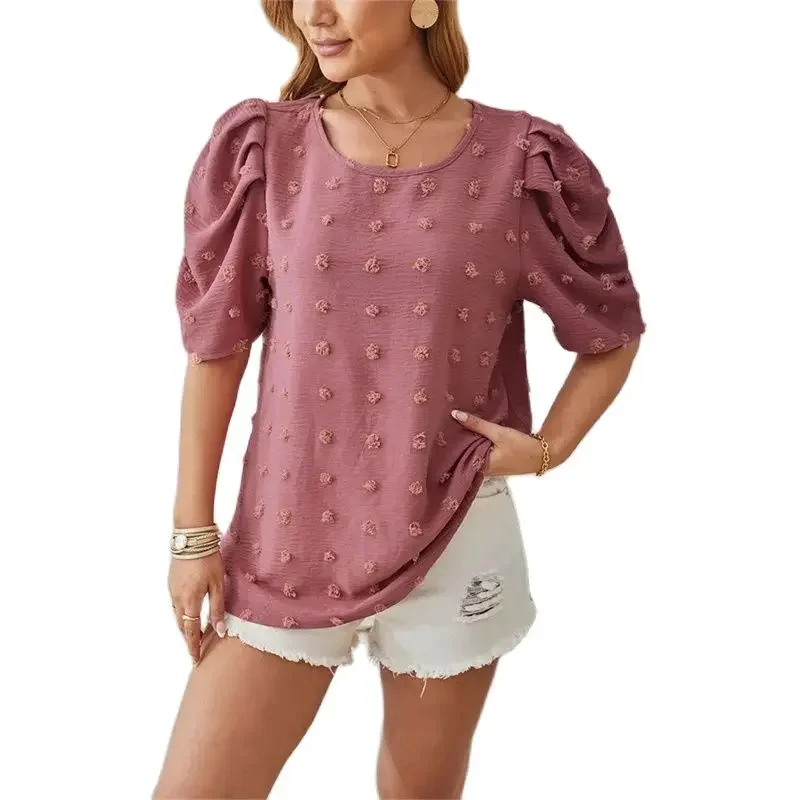 

Elegant Bubble Half Sleeve O Neck Pullover Shirt Women Solid Color Jacquard Splicing Blouse New Female Casual Commuter Loose Top