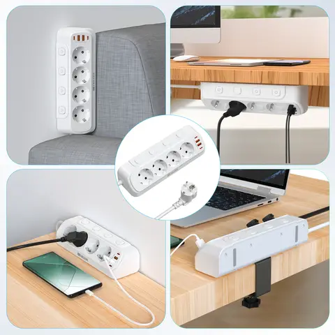 EU-kontakt Multifunktionsströmkretskort 2 USB- och 2 typ-C-portar 2 m fjäderförlängningskabel 4 brytare med skrivbordsfäste 10 best sales skrivbordsuttag - №3