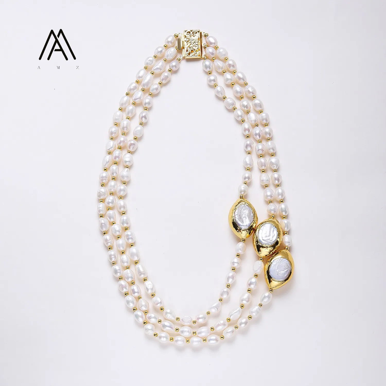 3 Strands White Freshwater Pearl Necklace 18K Gold Plated Baroque Pearl Necklace Keshi Pearl Statement Jewelry for Women Gift