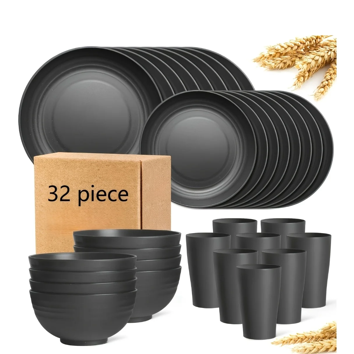 

us32pcs Kitchen Plastic Wheat Straw Tableware Set, 8 People, Plates, Dessert Plates, Cereal Bowls, Cups, Unbreakable Black Plastic Outdoor Camping Tableware, Kitchen Accessories, Black Wheat Straw Tableware, Halloween, Weddingsd