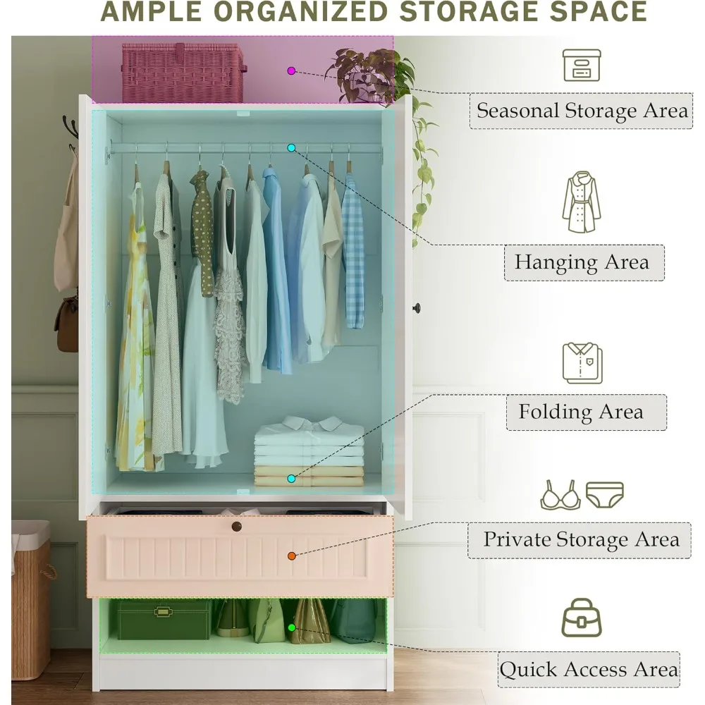 خزانة ملابس خشبية مع باب ودرج مرآة، خزانة تخزين لغرفة النوم ببابين لتعليق الملابس، باللون الأبيض #3