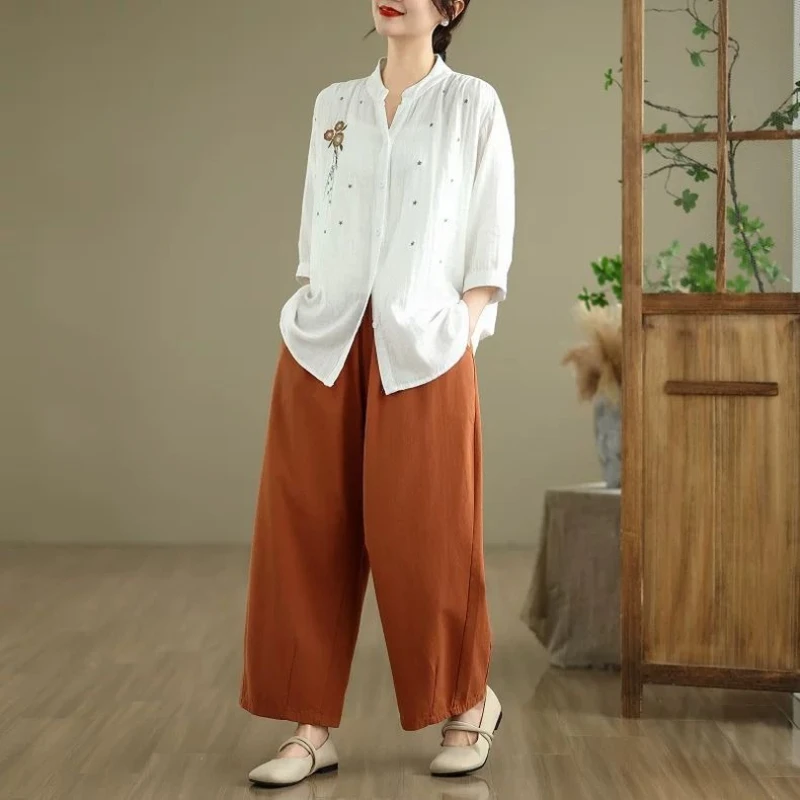 

Women's Cotton Linen Embroidered Shirt 2026 Summer New Bohemian Loose Mid-Sleeve Top