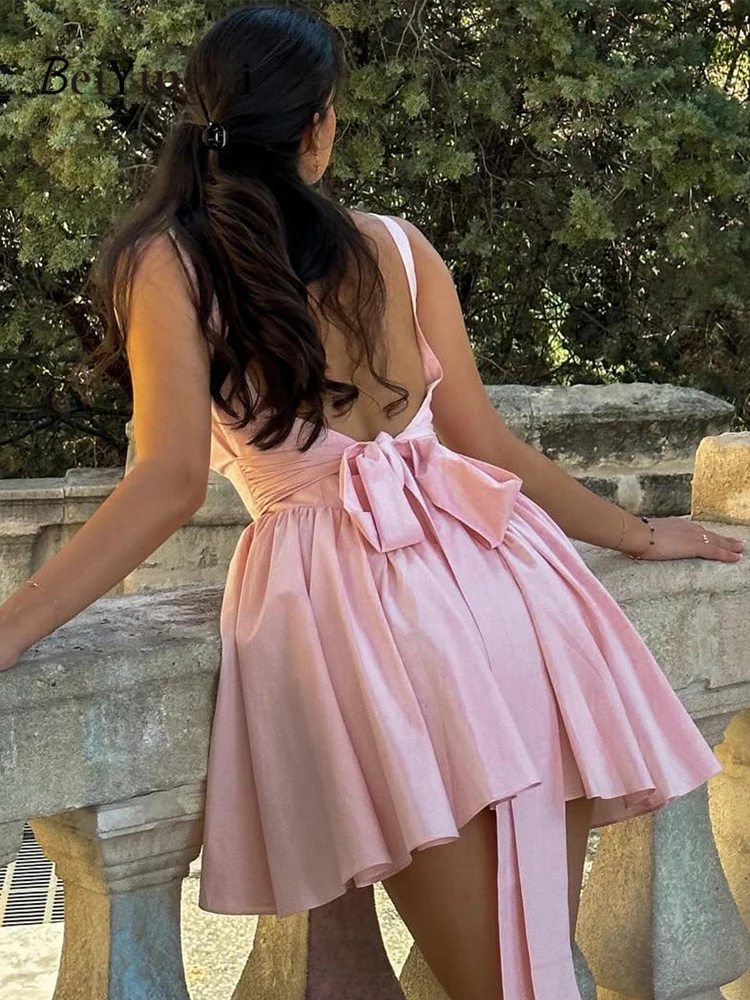 Beiyingni-vestido francés con lazo y espalda descubierta para mujer, Mini vestidos cortos acampanados informales de Color sólido para citas y vacaciones, novedades de verano