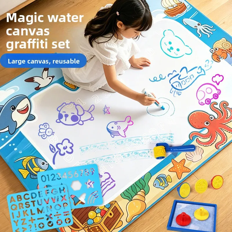 Large Water Drawing Mat for Kids, 100 x 80 cm Reusable Aqua Doodle Painting Cloth with Pens, Stamps and Stencils for Toddler