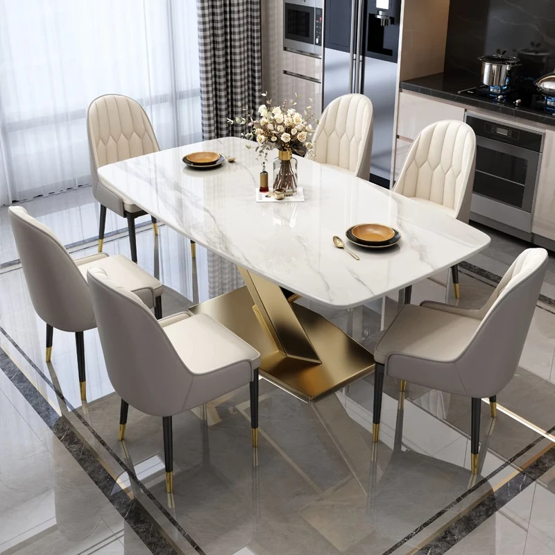 Party 8 Chairs Dining Table White Gold Placement Space Saving Kitchen Dining Table Marble Nordic Mesas De Comedor Furniture Home