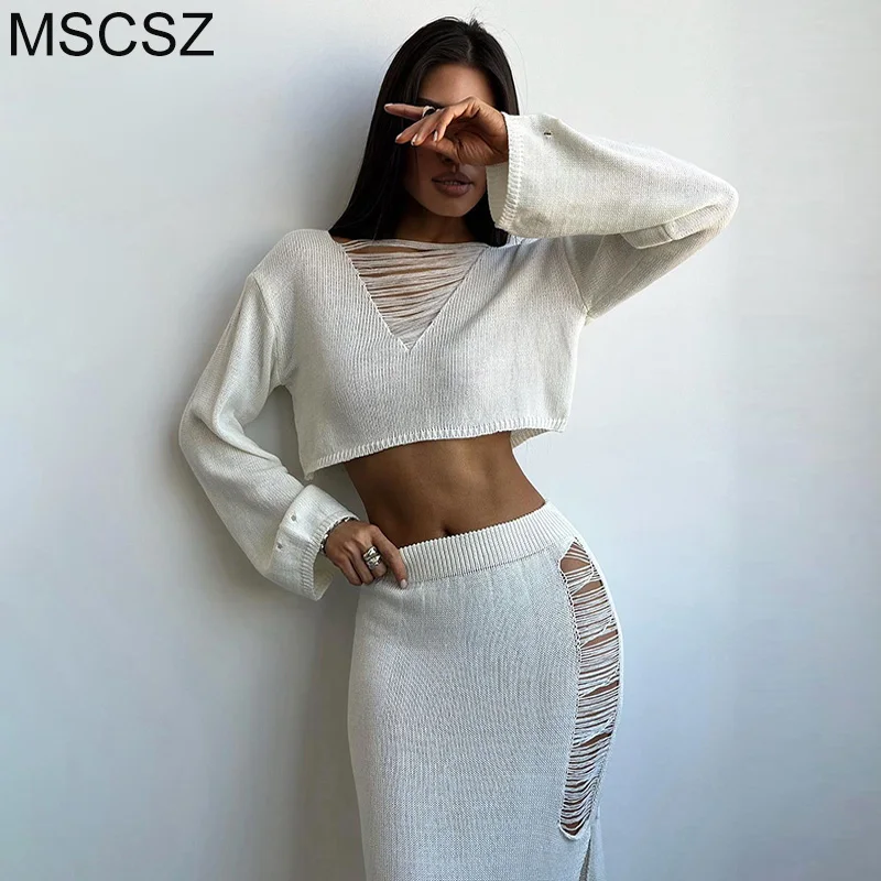 

MSCSZ Sexy Sweater Matching Sets Hollow Out Knitted Long Sleeve Top And Maxi Skirt 2 Piece Set Rave Festival Outfits