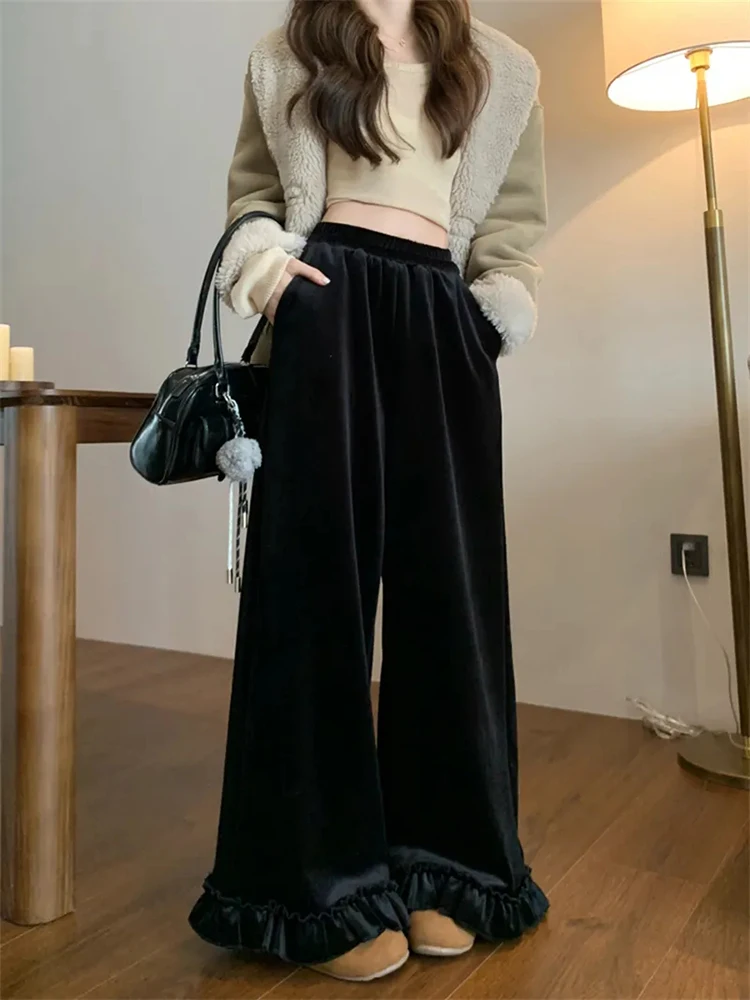 أسود تكدرت النساء السراويل عالية الخصر فضفاضة عادية أفخم الدافئة واسعة الساق بنطلون الإناث الحلو الخريف الشتاء مكتب سيدة السراويل جديد