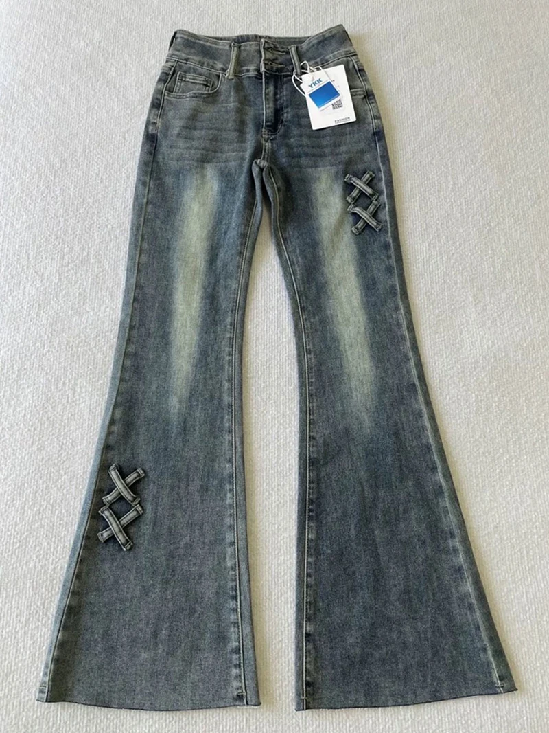 여성을위한 미국 복고풍 스트레치 청바지 봄 가을 하이 웨이스트 슬림 피트 플레어 바지 세련된 캐주얼 여성 데님 바지