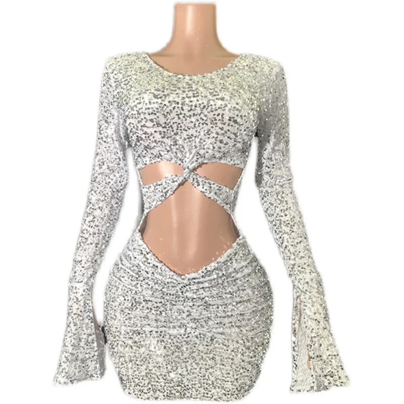 Cross-Border Sexy ort Skirt High Waist Hollow out Club Par Dr Sequin Dr Women's Faion Single oulder Dr