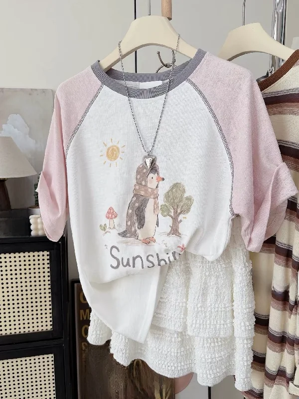 

plus Size Women's T-Shirt Cartoon Penguin Print Short Sleeve Loose Fit Shoulder Insert Design Summer Casual Style Cotton Top