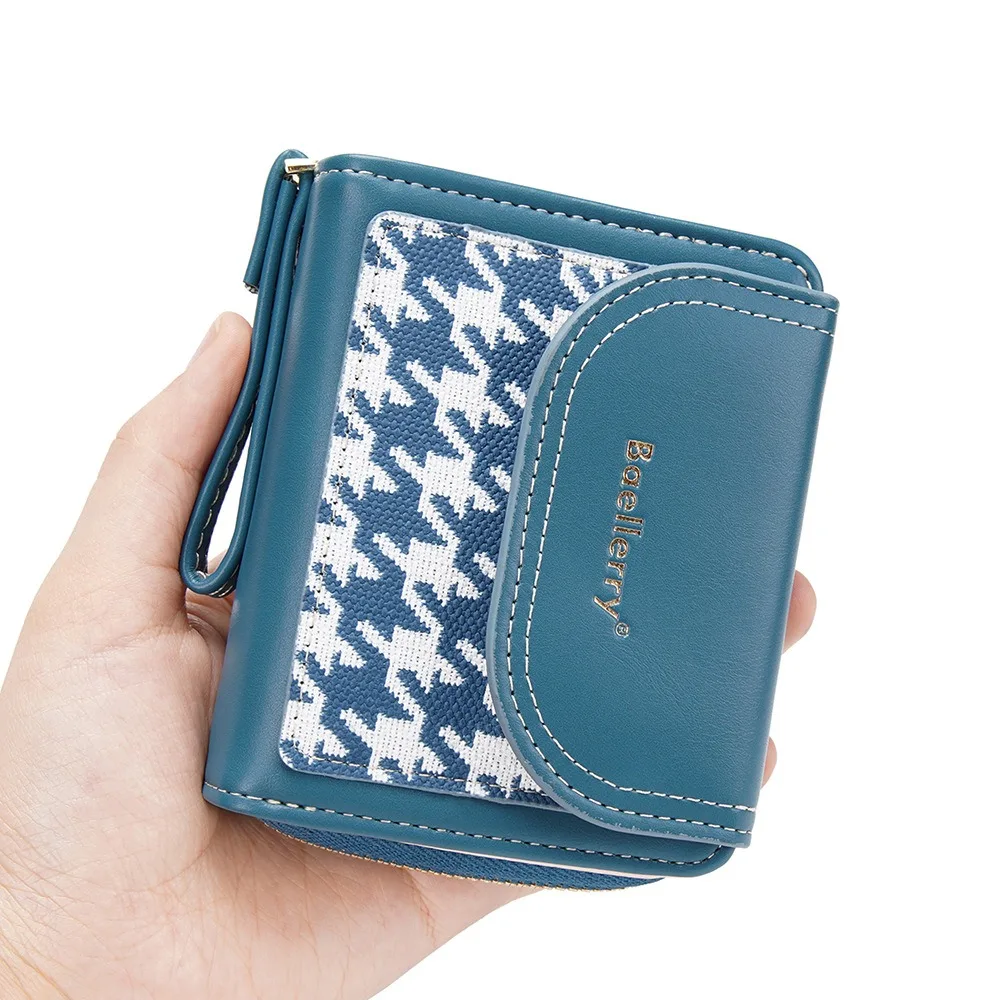 

Trendy Korean Style Short Zippe Wallet Multi-card Slot PU Leather Plaid Coin Pouch Retro Handhold Credit Card Holder Women