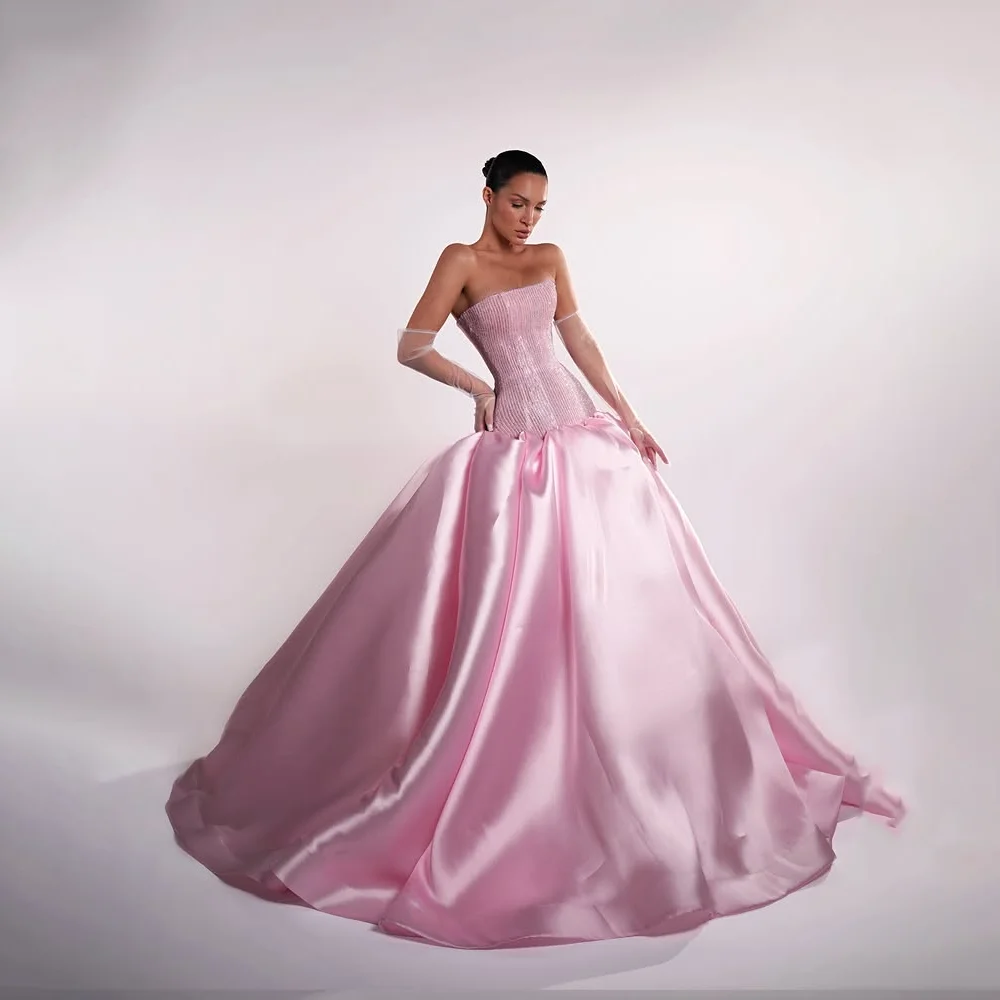 Customized Pink Strapless Beaded Corset Satin Mother Of The Bride Gown Ballgown Formal Wedding Evening Dress With Train
