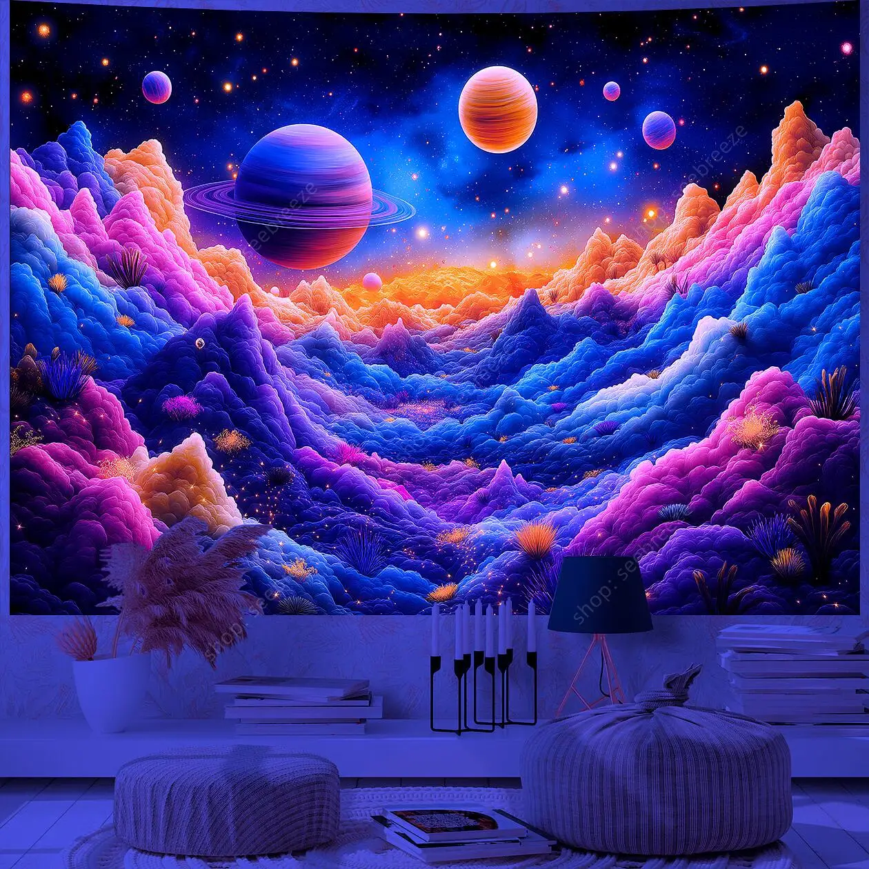 Galaxy Space Landscape UV Reactive Tapestry Trippy Planet Mountain River Neon Art Wall Tapestries for Bedroom Dorm Party Decor
