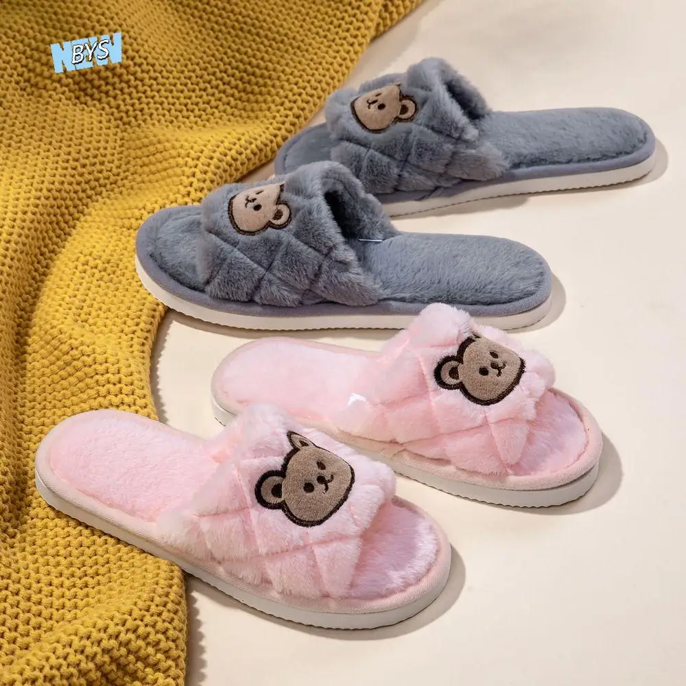 

Sweet Fluffy Plush Bear Slippers Cartoon Thicken Warm Slippers Winter Anti-Slip Open-toe Flat Plush Shoes Home