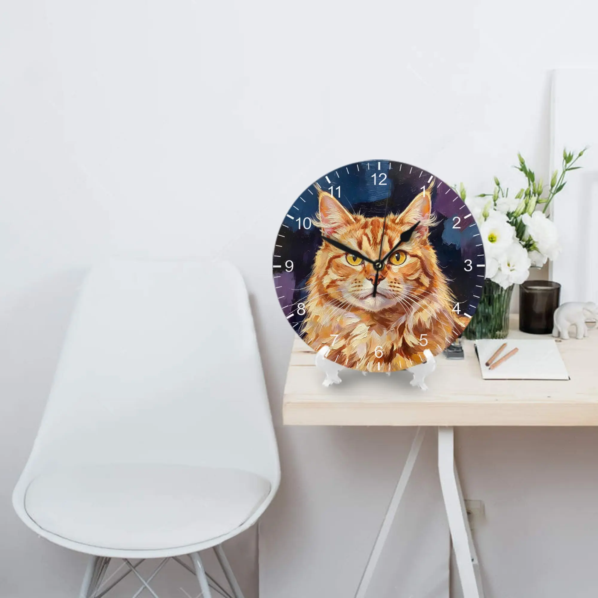 Maine Coon Cat Oil Painting Wall Clock Fluffy Ginger Pet Silent Non‑Ticking Home Decor Wall Watch