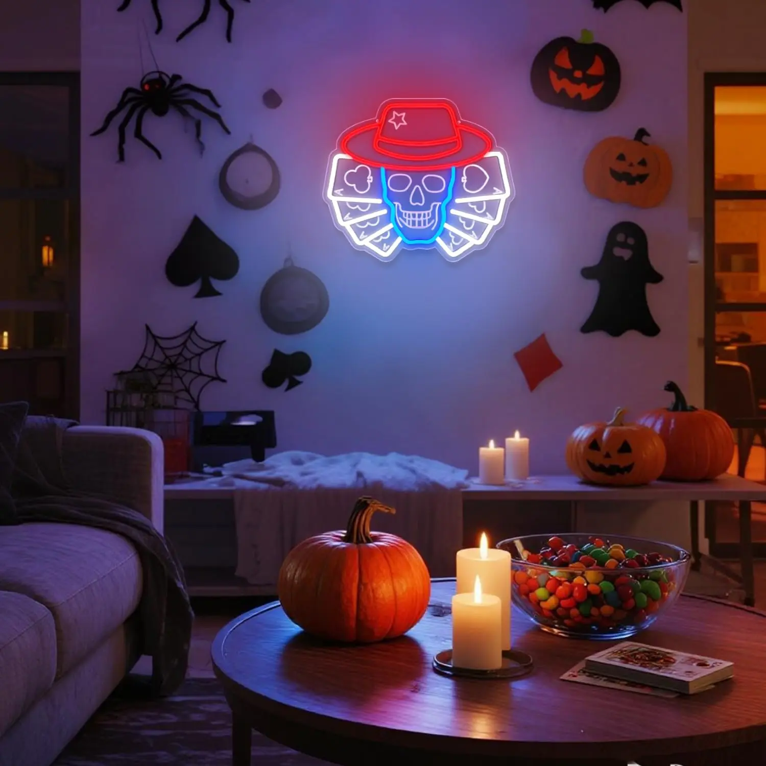 الجمجمة بوكر النيون تسجيل USB عكس الضوء LED ضوء النيون لغرفة الألعاب بار رجل الكهف مخيف الموسم هالوين حفلة مسكون ديكور المنزل #5