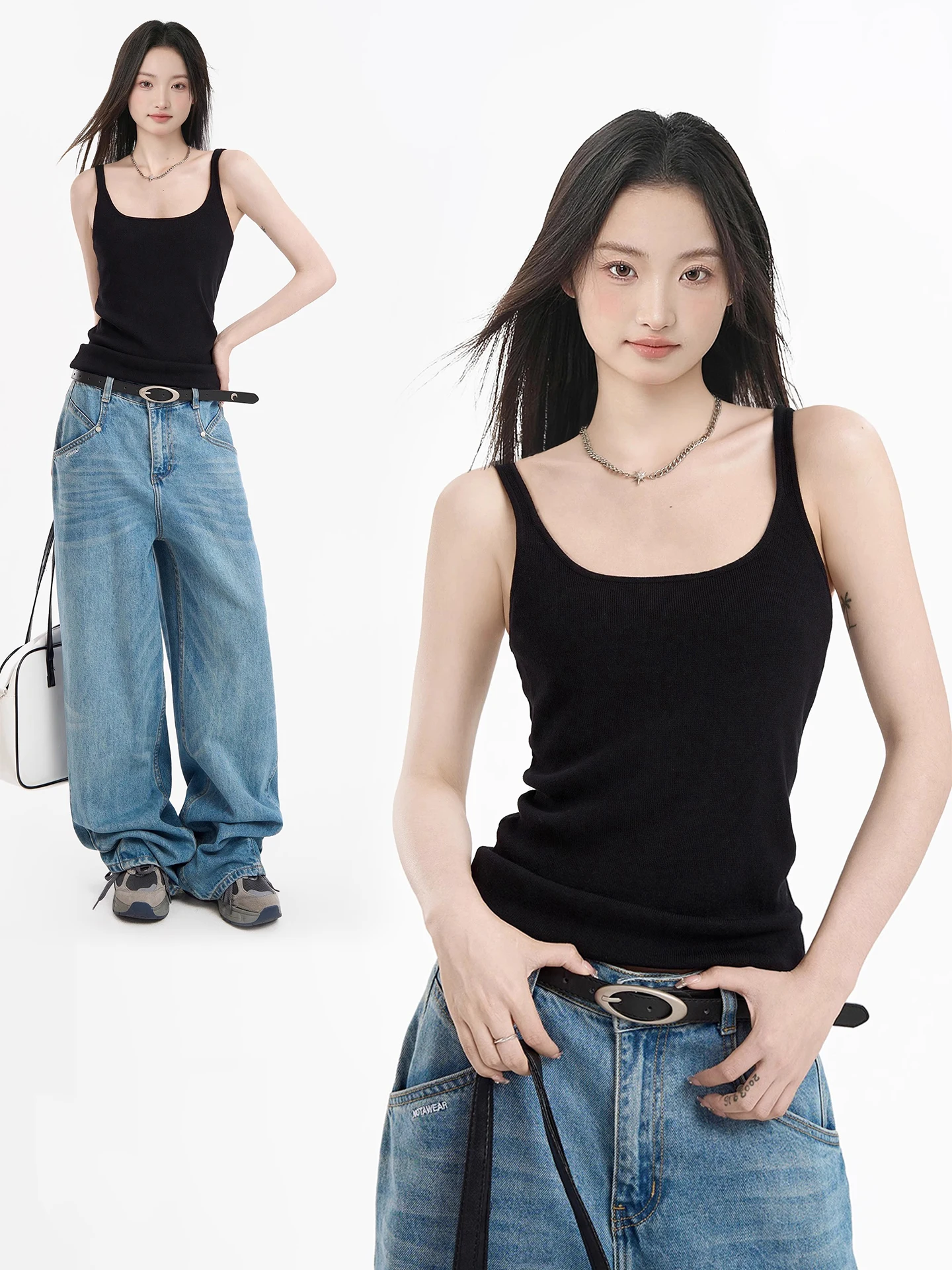 

American Sle Bla Knitted Strap Vest Women's Slim Fit Fitn Top Inner Wear Sexy Girl irt Suit Inner Wear Casual Wear