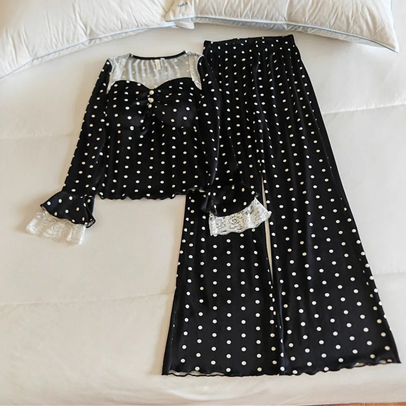 

Korean Pyjamas Femme Island Velvet Chest Pad Pajama Woman Winter Sleepwear Polka Dot Long Sleeve Trousers Sets Nightwear Women