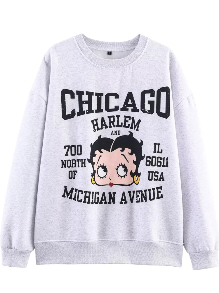 

Новый простой повседневный свободный универсальный свитшот с длинным рукавом и мультяшным принтом, круглый вырез горловины, брюки с высокой талией и прямым кроем, весна 2026