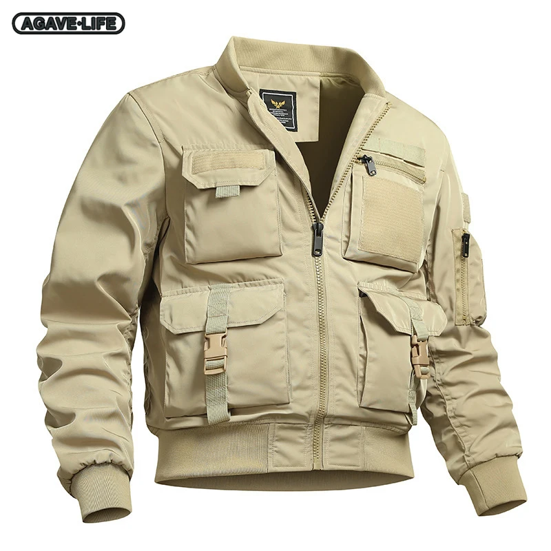 

Retro Multi-pocket Tooling Mens Jacket American Military Baseball Jacket Men Multifunctional Bomber Jacket Fashion Tactical Tops