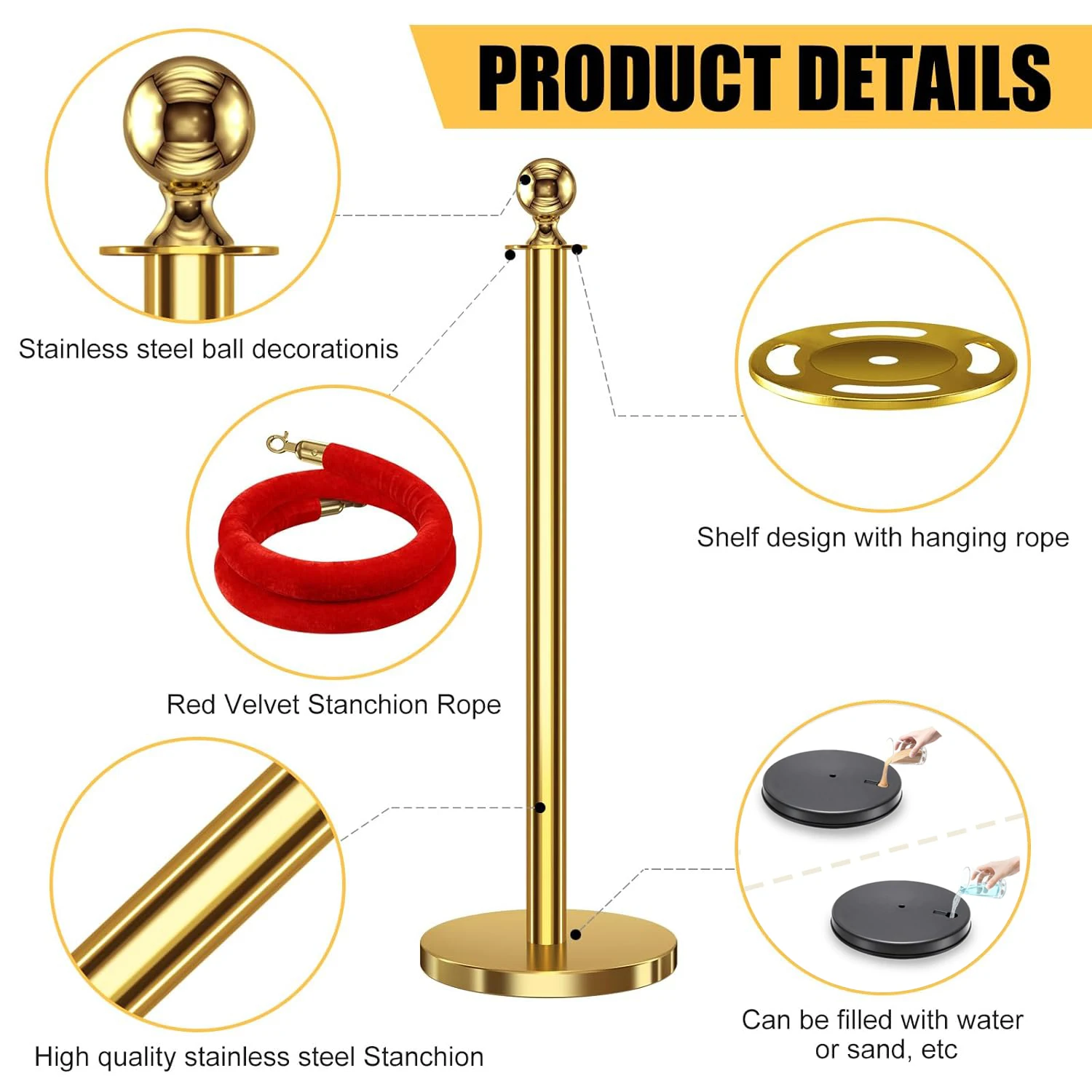 Golden 6-Piece Velvet Rope Barrier Set, 5-Foot Velvet Rope and Welcome Posts, Stainless Steel Barriers for Crowd Control, Party Supplies, Exhibition Use