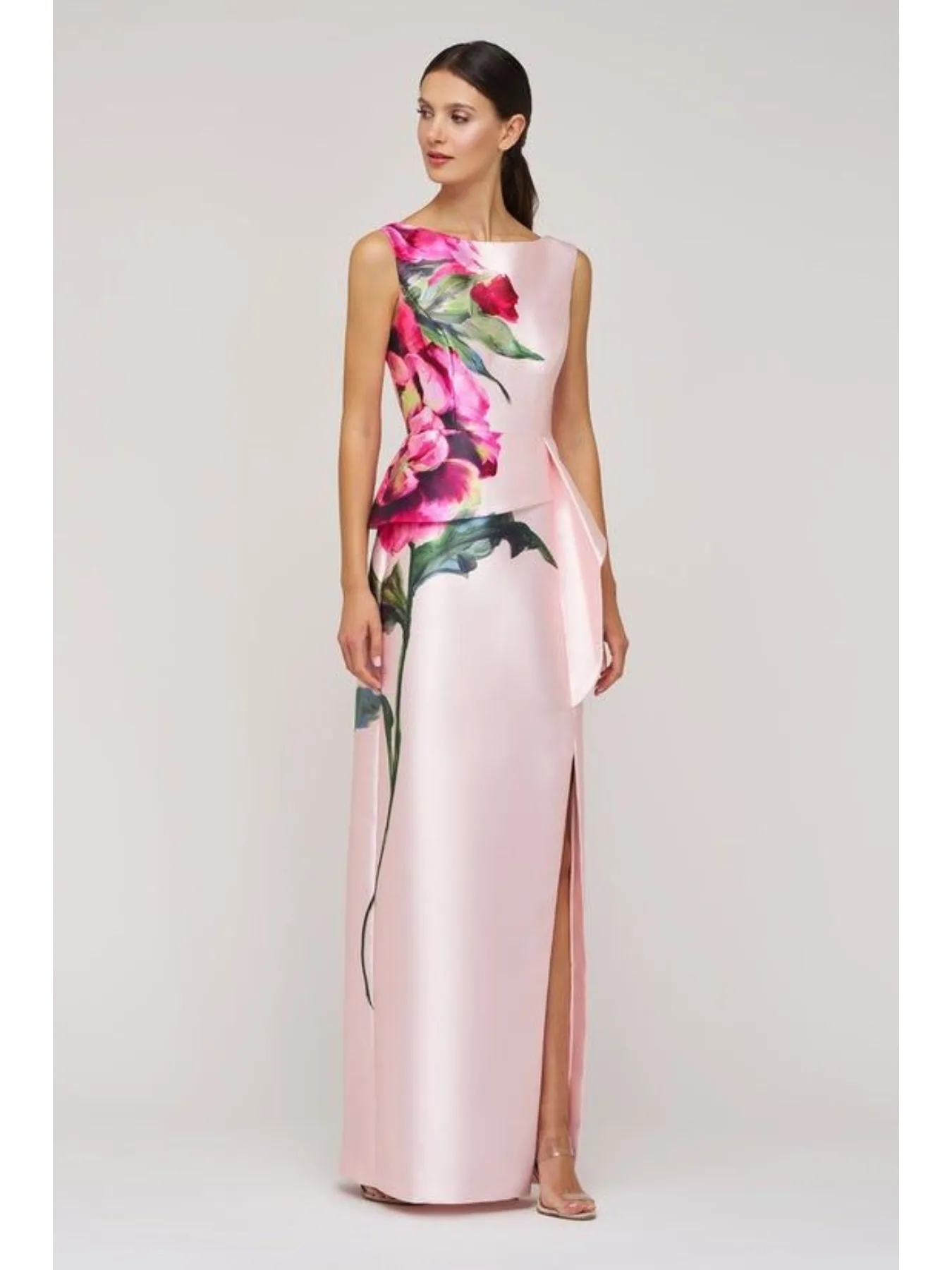 Damen Satin Ärmelloses Blumenmuster Peplum Maxikleid mit Hohem Schlitz Formelles Abendkleid mit Schleifendetail Hochzeitsgast Party Langes Kleid