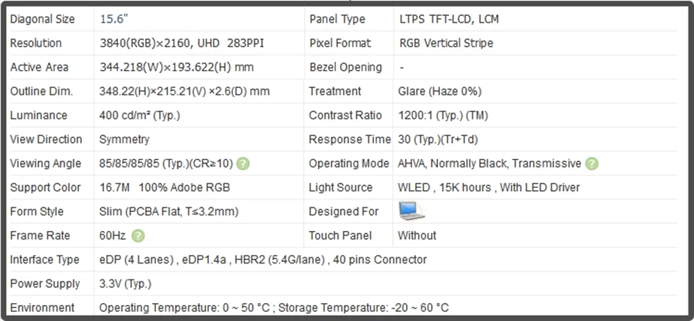 B156ZAN03.R 15.6 inch LCD Screen 4K UHD 3840x2160 IPS Panel 40pins 60Hz Laptop Display Non-touch