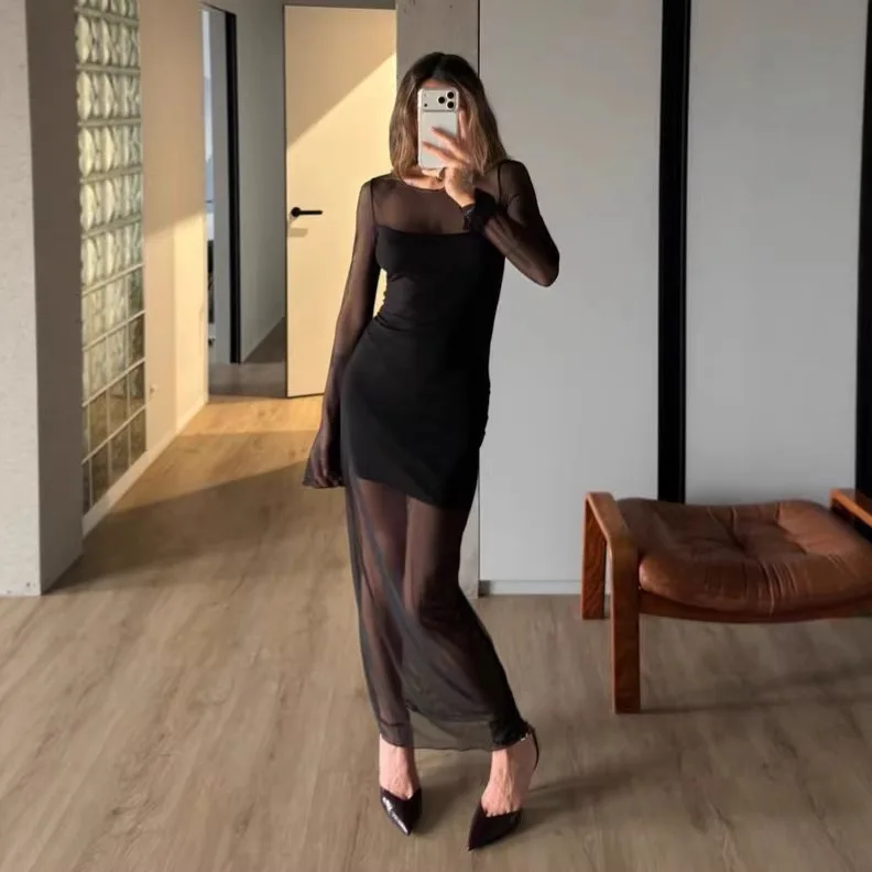 

2026 Spring New Women's Fashion Elegant Long Sleeve Mesh Dress Double Layer Design White Moonlight Dress