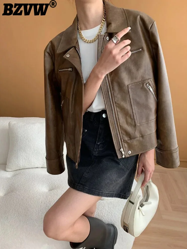 

BZVW Casual Leather Jacket For Women Lapel Long Sleeves Zipper Design Solid Color Coat 2024 Female Autumn New Clothing 25A8549